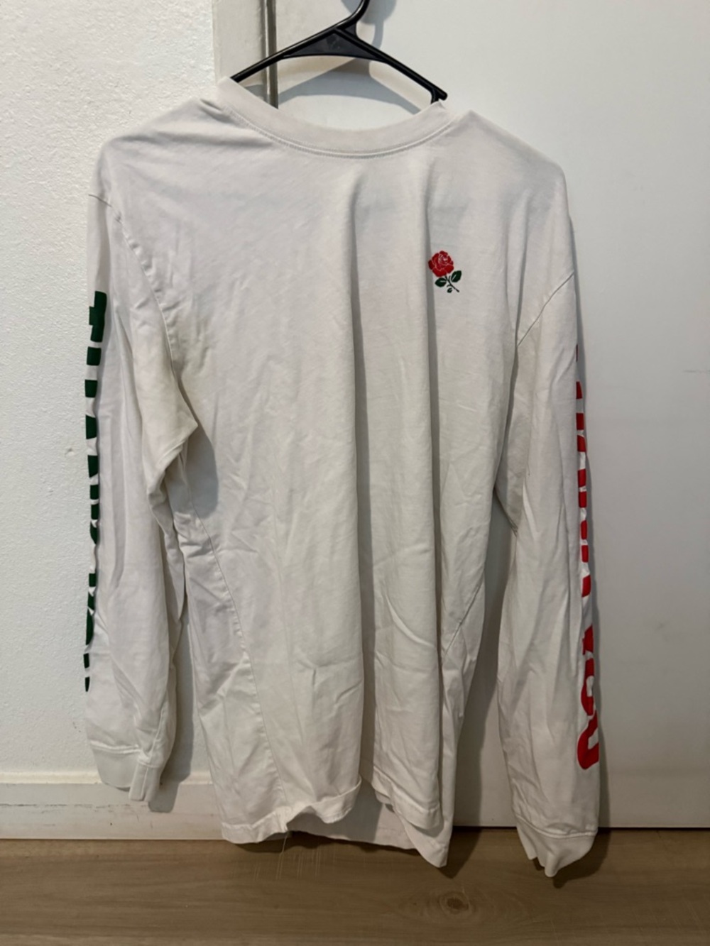 White Long-Sleeve Tee with Red Rose and Sleeve Print